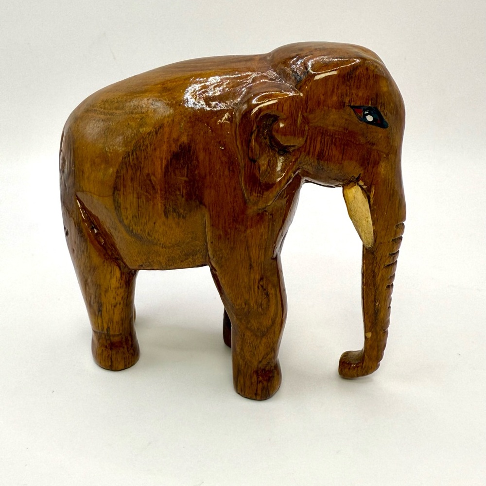 Vintage Hand Carved Solid Wood Elephant Figurine 4” Tall